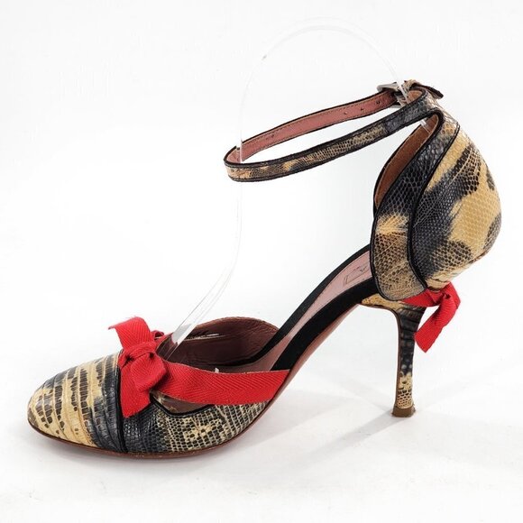 ALAIA Snake Print Leather Ankle Strap Heels With Red Bows - Picture 5 of 13